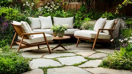 Fototapeta premium Living space with couch, chair, table, and potted plant centered in room