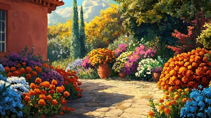   A painting depicts a garden with flowers in front and a path leading to a building behind