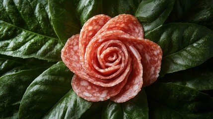 Salami rose blooming on bed of green leaves