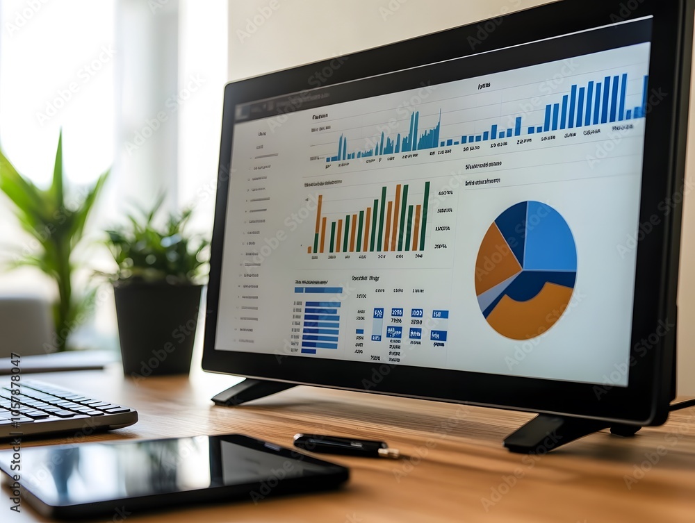 Poster a modern workspace displaying analytical data on a computer screen, showcasing graphs and charts for