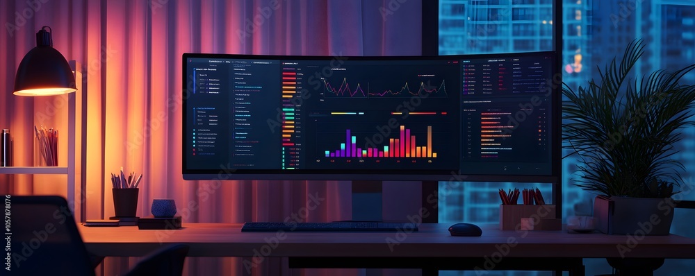 Poster a modern workspace featuring a curved monitor displaying colorful data graphics in a stylish and amb