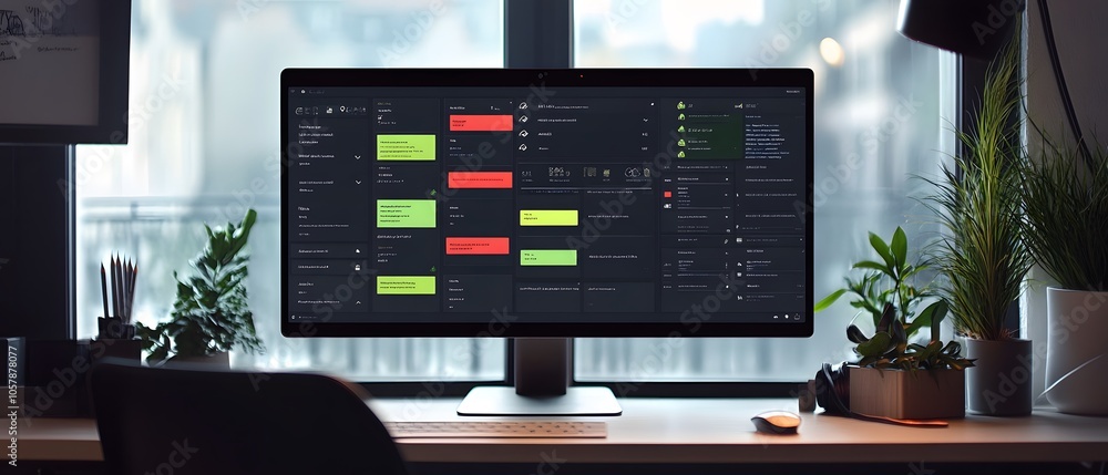 Poster a modern workspace featuring a computer monitor displaying project management tools, surrounded by i
