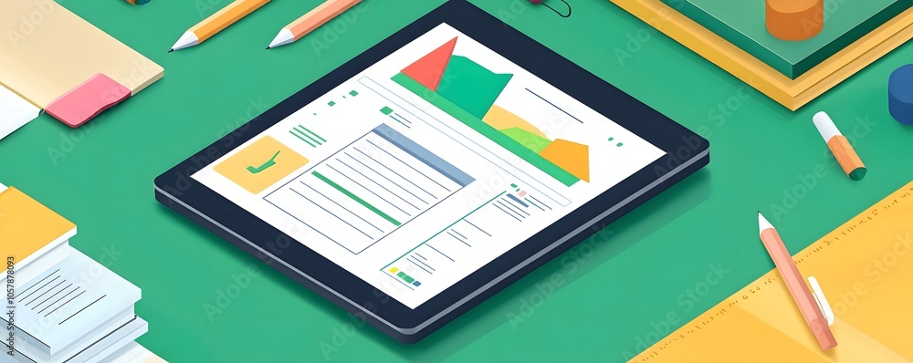 Poster a modern workspace featuring a tablet displaying colorful graphs and data, surrounded by office supp