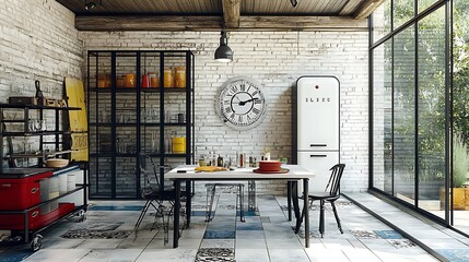 Modern Minimalistic Concrete Coworking Office room with Blank Walls, High Ceilings,and Mockup Frame