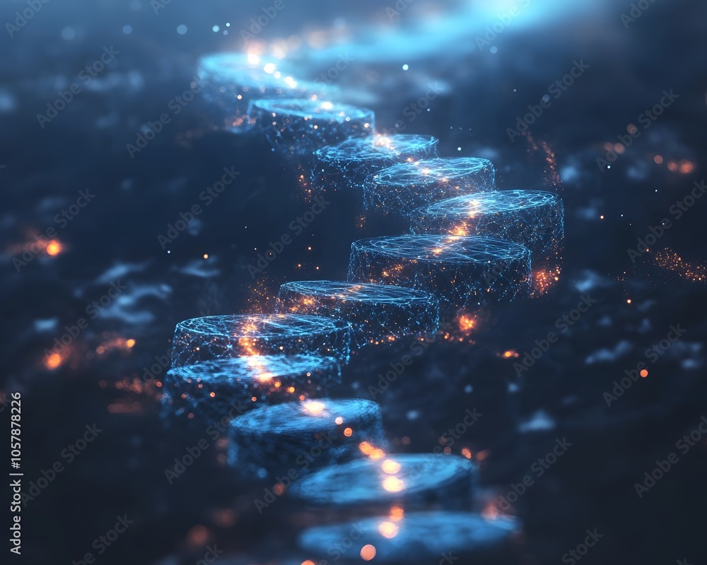 Poster a mystical pathway illuminated by glowing steps, surrounded by ethereal light and shimmering particl