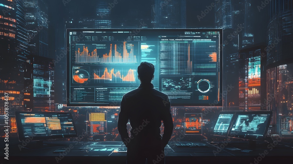 Poster a person observes dynamic data visualizations on large screens in a futuristic control room, surroun