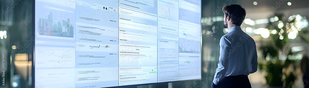 Poster a professional analyzing data on a large screen in a modern office, showcasing trends and insights f