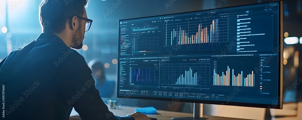 Poster a professional observing data trends on a modern monitor, emphasizing analytics and technology in a 
