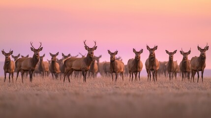 Fototapeta premium Serene Sunset Grazing: Tranquil Livestock Farm Landscape with Herd of Deer at Dusk