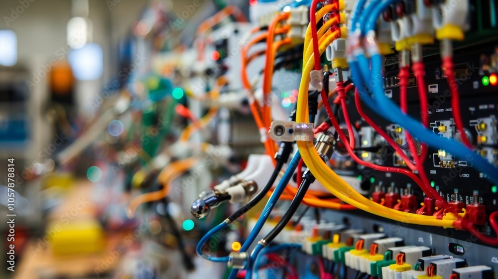 Poster colorful electrical wires are connecting devices on a panel in a research laboratory, creating a com