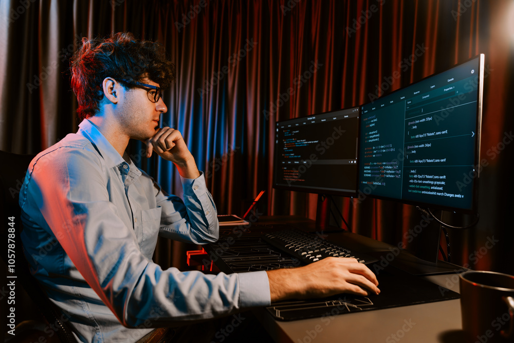 Poster it developer thinking online software development information coding on pc screen at side view, work