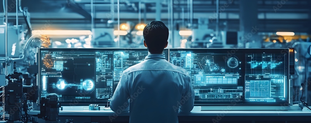 Poster a scientist examines advanced data on multiple screens in a high-tech lab, embodying innovation and 