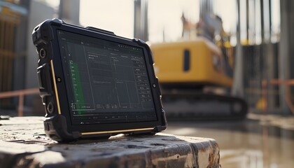 A rugged tablet displaying construction data on a building site with machinery in the background, ideal for industrial applications.