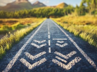 Obraz premium A scenic view of a winding road with directional markings, surrounded by lush greenery and mountains, perfect for travel photography.