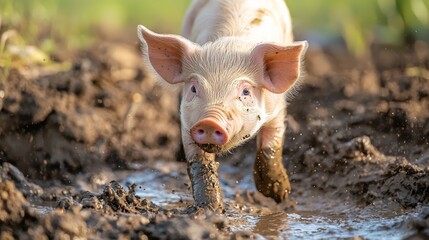 Playful Piglet in Vibrant Colors on Livestock Farm - Ultra-Detailed Close-Up of Cute Animal in Mud