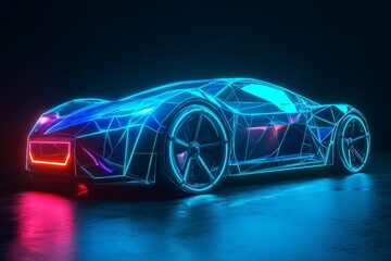 concept electric car made of blue neon 3D polygons