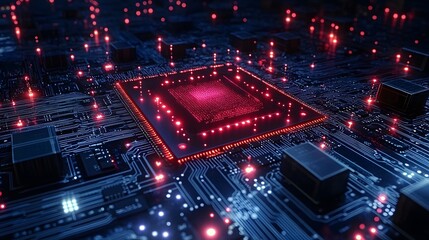 Fototapeta premium A computer chip with a red square on it. The chip is surrounded by a blue background