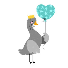 Vector illustration of goose in crown, with balloon, isolated on white background. Cute animal portrait, bird for cards, stickers, birthday greetings, print, design, poster.