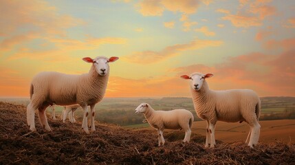 Fototapeta premium Serene Sunset Scene of Sheep Herd Grazing on Hillside in Golden Hour Light