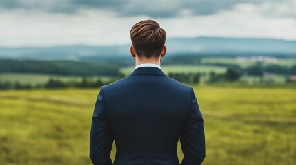 Fototapeta premium Investor wearing a suit in a rural setting, balance of formal and nature