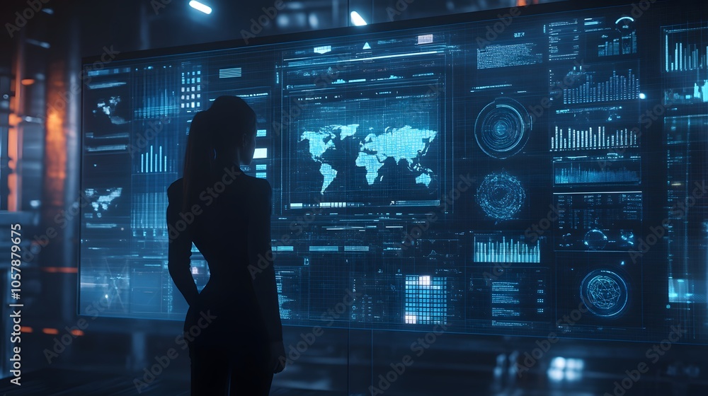 Poster a silhouette of a person analyzing data on a futuristic digital screen displaying world maps and ana