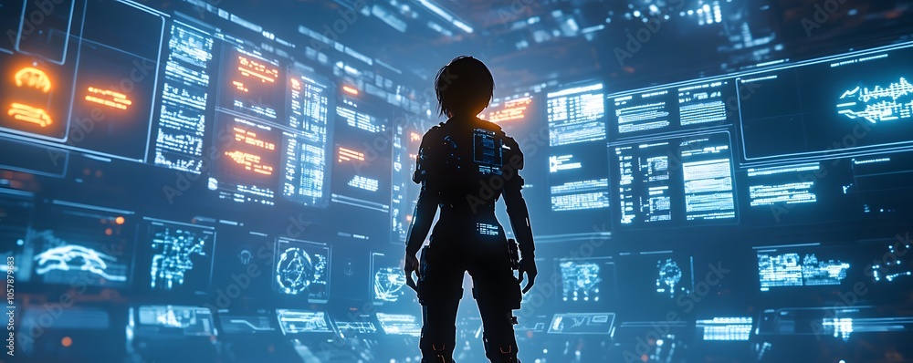 Poster a silhouette of a person stands before a futuristic interface, surrounded by glowing screens display