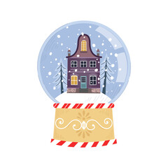 Snowball with purple house decoration and trees. Christmas card. Crystal snow globe isolated on white background. Merry Christmas and Happy New Year. Vector illustration.