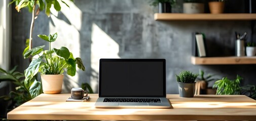 A serene workspace featuring a laptop, plants, and natural light, ideal for productivity and creativity in a modern setting.