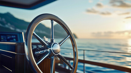 A modern steering wheel for controlling a boat, made of metal with a percentage of wood, used to maneuver the entire vessel while it is in motion.