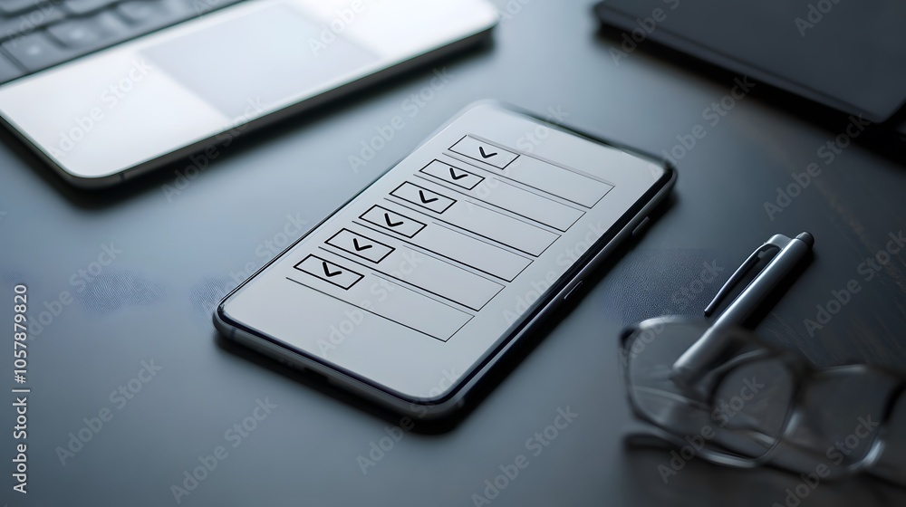Poster a smartphone displaying a user interface layout on a minimal workspace with a laptop, pen, and glass