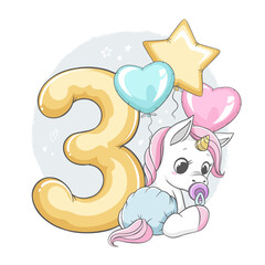 Vector illustration of golden number three with cute little unicorn and balloons isolated on white background. For kids parties, stickers, print, cards