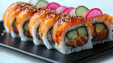 Delicate sushi rolls topped with fresh fish, garnished with vegetables and sauces