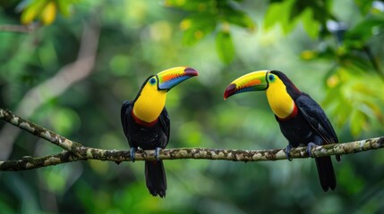 A striking display of toucans brightens the lush foliage, their eye-catching colors harmonizing with the surrounding leaves.