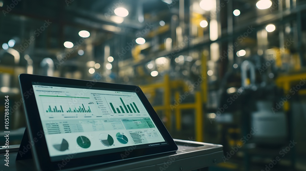 Aufkleber a tablet displaying data analytics in a modern industrial setting, showcasing graphs, charts, and in