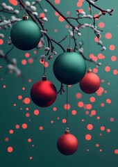 A festive scene featuring a green and red Christmas ornament hanging from a branch. The green and red balls are suspended from the branch, creating a beautiful and lively atmosphere