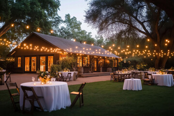 Elegant outdoor evening gathering with string lights at a charming venue