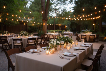 Obraz premium Elegant outdoor dinner setup with string lights in a garden during evening hours