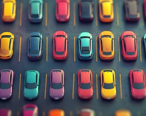 A vibrant array of parked cars in various colors, showcasing urban life and modern transportation.