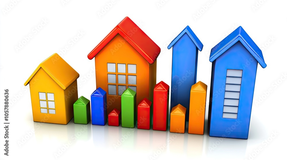 Poster digital bar graphs and line charts over a real estate skyline, symbolizing data-based property analy