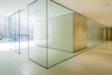Modern Minimalistic Concrete Coworking Office room with Blank Walls, High Ceilings,and Mockup Frame