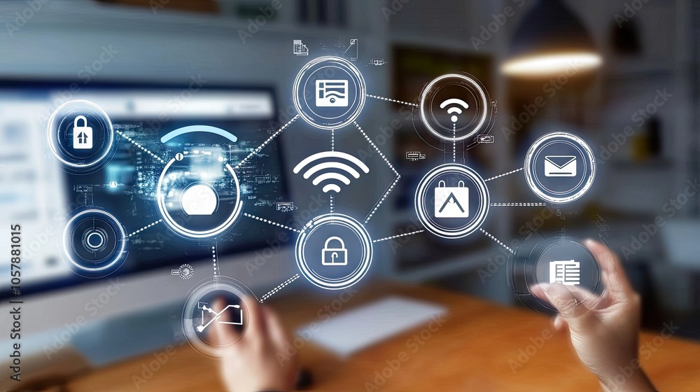 Poster diverse team in modern office setting with tech elements overlay, symbolizing digital transformation