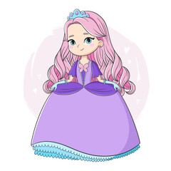 Adorable princess in violet dress and crown, tiara isolated on white background. Cute children's illustration of beautiful girl for cards, print, design