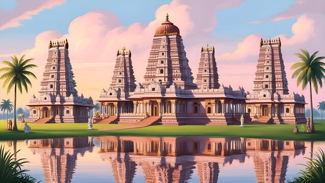 Dawn at the Dravidian Temples: A Serene Reflection illustration 