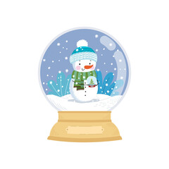 Snowball with decoration snowman in hat with scarf and trees. Christmas card. Crystal snow globe isolated on white background. Merry Christmas and Happy New Year. Vector illustration.
