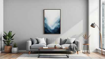 Fototapeta premium Living room interior mockup with wall poster. Generative AI