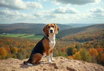 Beagle Dog Sitting on Hilltop With Scenic Autumn Background