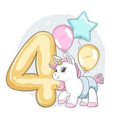 Vector illustration of golden number four with cute little unicorn and balloons isolated on white background. For kids parties, stickers, print, cards