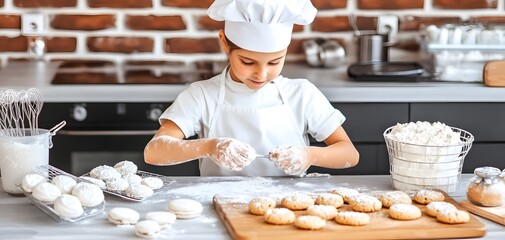 A young chef carefully prepares cookies in a modern kitchen, showcasing her baking skills and passion for cooking.