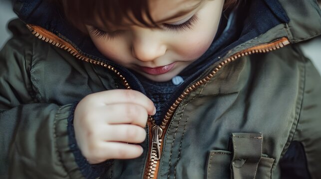 A young child zipping up a stylish jacket, showcasing warmth and comfort, perfect for seasonal themes.
