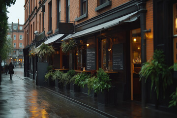 Fototapeta premium Charming street view of a cozy restaurant with outdoor seating on a rainy day